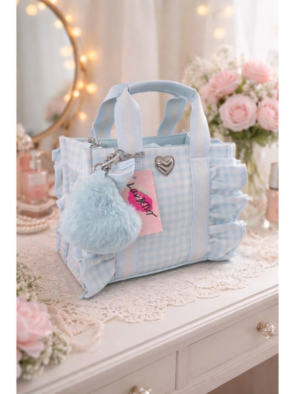 NWT! Betsey Johnson Heart LB Ruffle Baby Blue Gingham Handbag Crossbody Tote - Picture 2 of 4